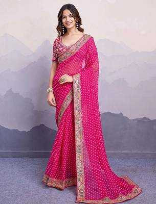 pink georgette bandhani printed saree with blouse 1