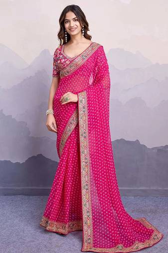 pink georgette bandhani printed saree with blouse
