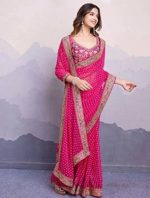 pink georgette bandhani printed saree with blouse 2