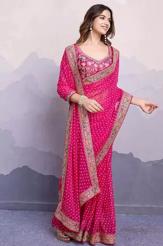 pink georgette bandhani printed saree with blouse