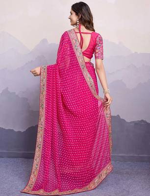 pink georgette bandhani printed saree with blouse 3