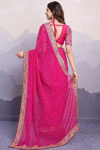 pink georgette bandhani printed saree with blouse