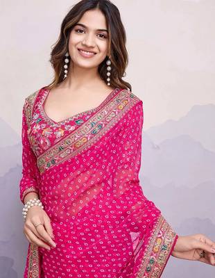 pink georgette bandhani printed saree with blouse 4