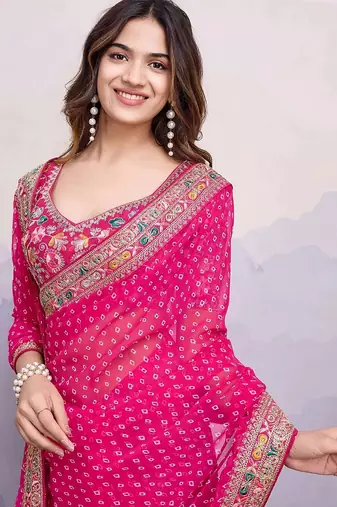 pink georgette bandhani printed saree with blouse
