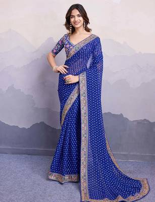royal blue bandhani print georgette saree with blouse 1