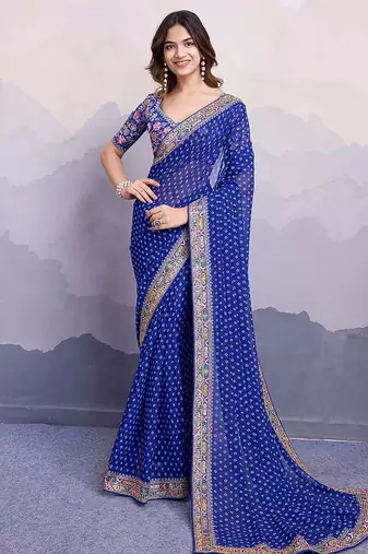 royal blue bandhani print georgette saree with blouse