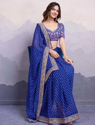 royal blue bandhani print georgette saree with blouse 2