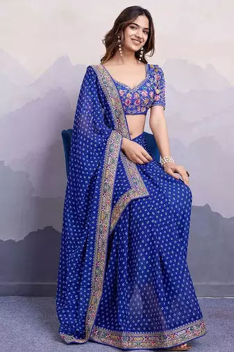 royal blue bandhani print georgette saree with blouse