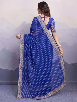 royal blue bandhani print georgette saree with blouse 3