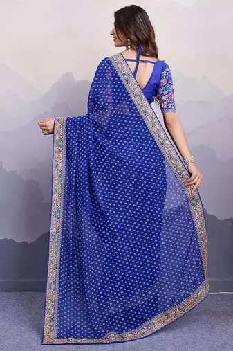 royal blue bandhani print georgette saree with blouse