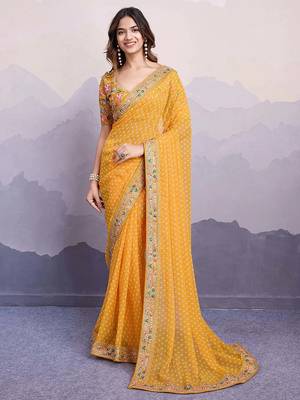 yellow bandhani printed saree with blouse 1