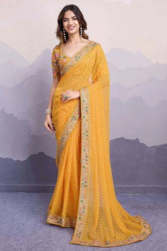 yellow bandhani printed saree with blouse