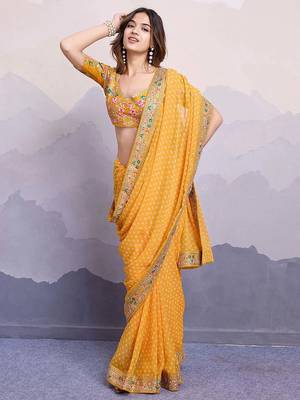 yellow bandhani printed saree with blouse 2