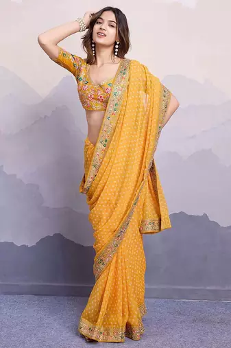 yellow bandhani printed saree with blouse