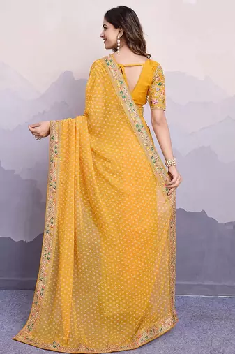 yellow bandhani printed saree with blouse