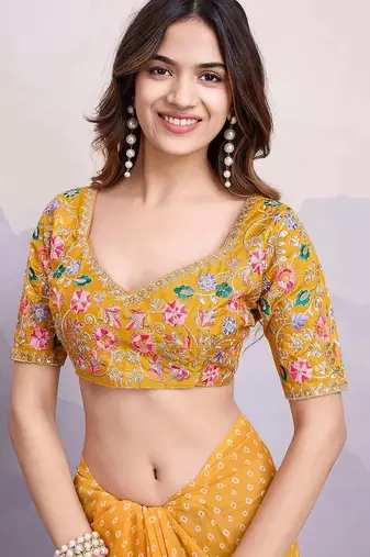 yellow bandhani printed saree with blouse