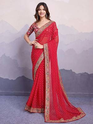 red embroidered saree with blouse 1