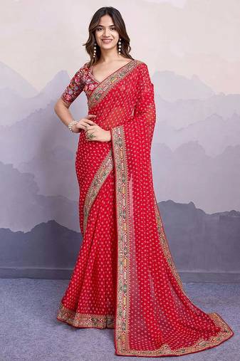red embroidered saree with blouse