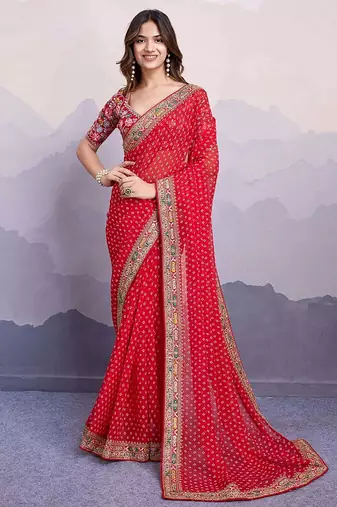 red embroidered saree with blouse