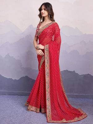 red embroidered saree with blouse 2