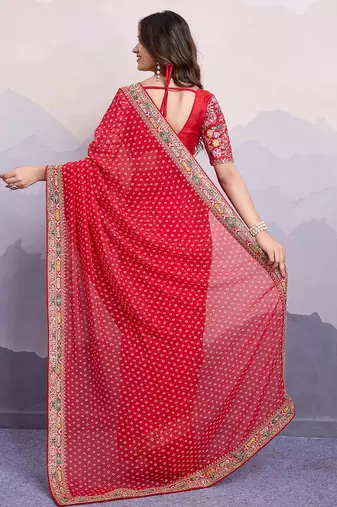 red embroidered saree with blouse