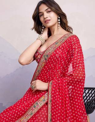 red embroidered saree with blouse 4