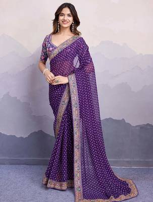 purple georgette saree with blouse 1
