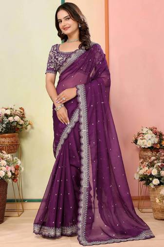 wine organza zari embroidered saree with blouse