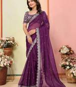 wine organza zari embroidered saree with blouse