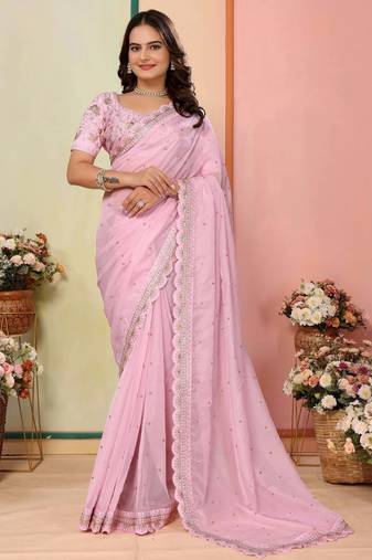 baby pink organza sequins saree with blouse