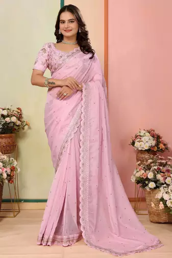 baby pink organza sequins saree with blouse