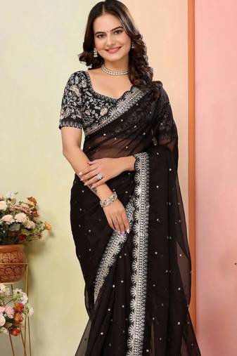 black zari embroidered organza saree with blouse