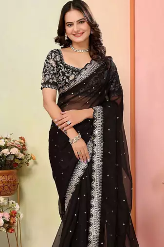black zari embroidered organza saree with blouse