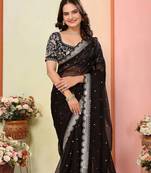 black zari embroidered organza saree with blouse