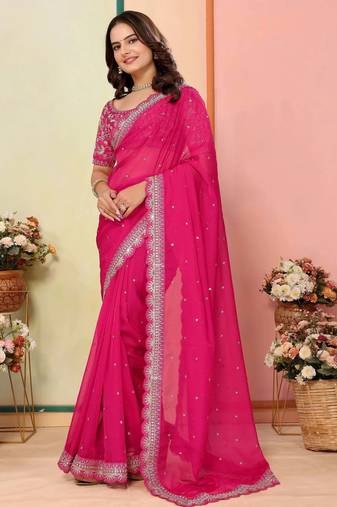 hot pink organza sequins saree with blouse
