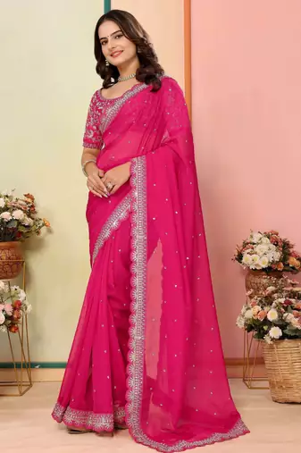 hot pink organza sequins saree with blouse