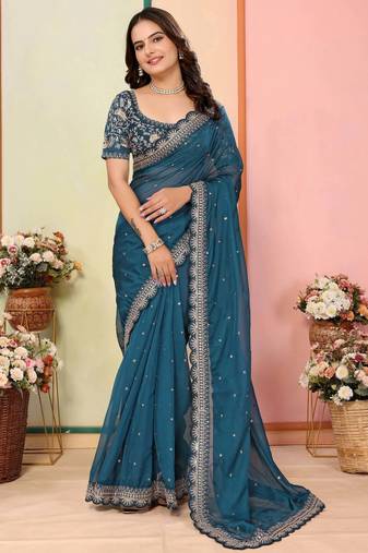 blue organza zari embroidered saree with blouse