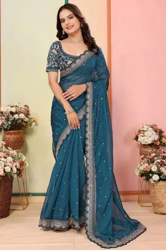 blue organza zari embroidered saree with blouse