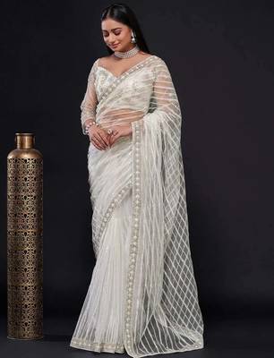 white sequin work net saree with blouse 1