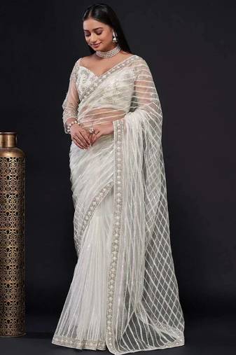 white sequin work net saree with blouse