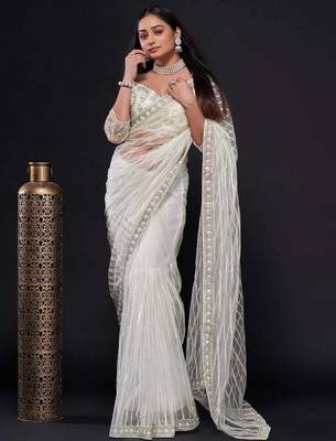 white sequin work net saree with blouse 2