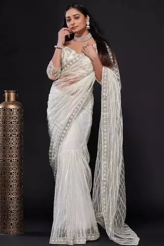 white sequin work net saree with blouse
