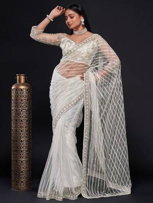 white sequin work net saree with blouse 3