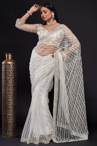 white sequin work net saree with blouse