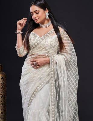 white sequin work net saree with blouse 4