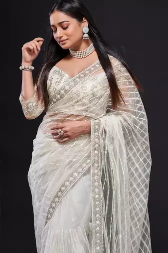 white sequin work net saree with blouse