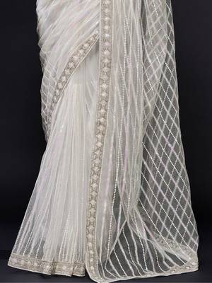 white sequin work net saree with blouse 5