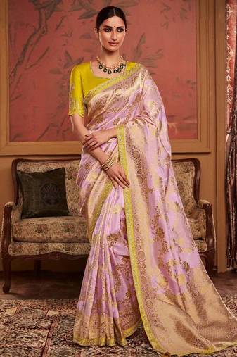 lavender zari weaving dola silk blend saree with blouse