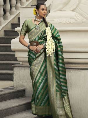 green zari weaving silk blend saree with blouse 1