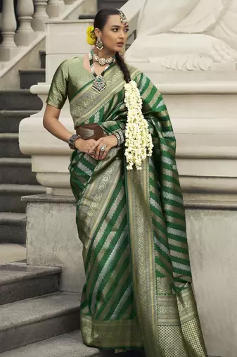 green zari weaving silk blend saree with blouse